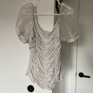 Minette Silver Satin Ruched Top with Sheer Puff Sleeves